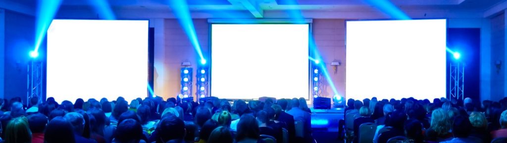 conference hall, presentation in auditorium with blank screen